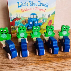 Little Blue Trucks and Toads | Birthday Party Favours | Wooden Toy Trucks and Toads | Party Set of 5 Trucks and 5 Toads