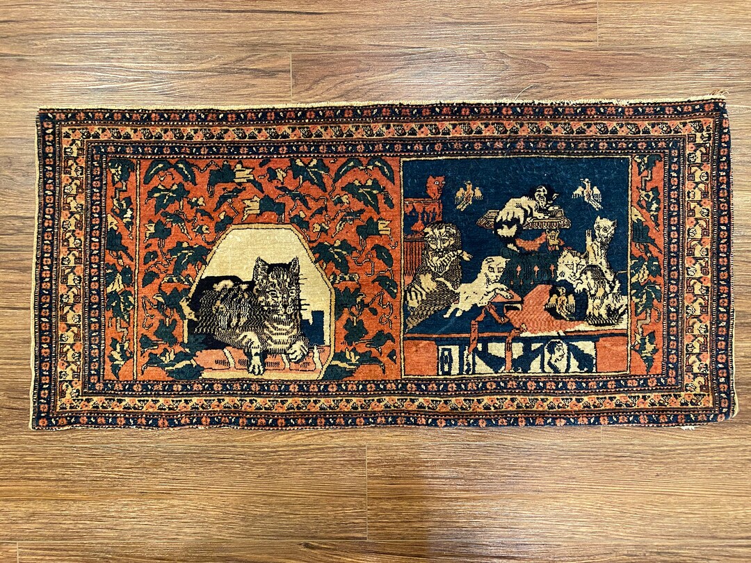 Libyan Cat Rug Persian Cat Antique Senneh Rug - Etsy