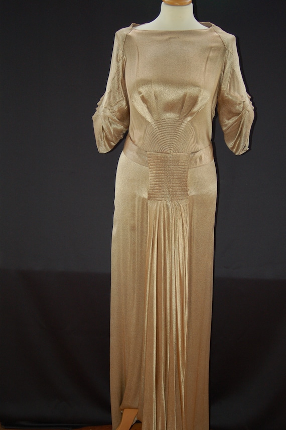 1930s evening dress with belt, golden lamee
