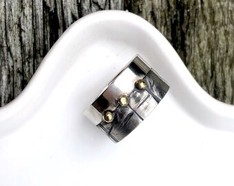 Tough wide silver ring with brass balls, statement, hammered, uneven, striking.