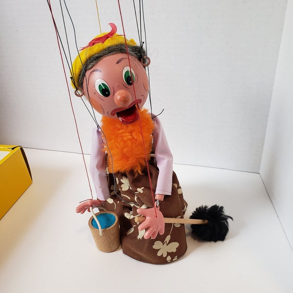 Vintage Pelham Puppets Marionette: SM7 OLD LADY with bucket and mop washer woman in Original Box 1970s - articulated mouth opens and closes!
