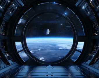 BootUS Space Station Window Tapestry Wall Hanging, SciFi Space Tapestry Wall Décor for Dorm Bedroom Living Room Boys Room 89” x 71”