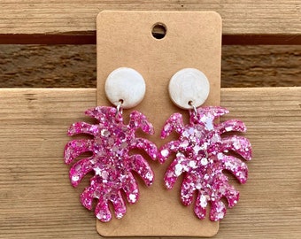 Pink Earrings, Pink And White Glitter Leaf Dangle Earrings, Cute Fun For Spring, Accessories Gift Her, Sparkly Summer Earrings