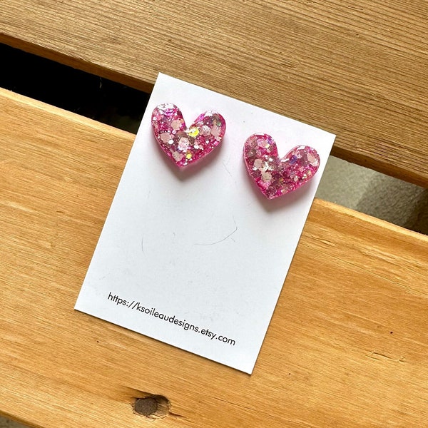 Pink Hearts Glitter Stud Earring for Parties, Pink Earrings for Little Girls, Jewelry for Kids, Sparkly Stud Earrings for Concert Dance
