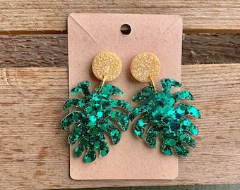 Green and Gold Earrings, Green Leaf Glitter Dangle Earrings, Cute Sparkly Green Earrings For Women, Accessories Gift, Party Outfit Ideas