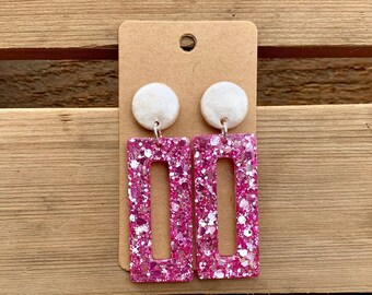 Pink Earrings, Pink And White Glitter Rectangle Dangle Earrings, Cute Fun For Spring, Accessories Gift Her, Sparkly Summer Earrings