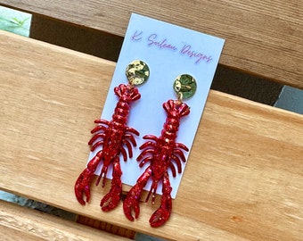 Crawfish Earrings for Crawfish Boil, Lobster Earrings for Lobster Boil, Glitter Louisiana Crawfish Earrings, Earrings for Crawfish Party