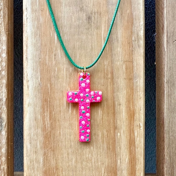 Sparkly Pink Cross Necklace, Pink Religious Cross for Christian Girls, Religious Necklace for PreTeens and Teens, Religious Gift for Kids