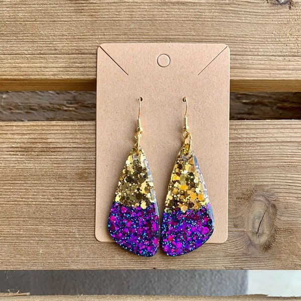 Dangling purple and gold glitter lightweight earrings for baseball and basketball game days