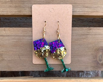 Mardi Gras Earrings, Wine Glass Dangle Earrings, Cute Fun For Girl’s Night Out, Bachelorette Party Accessories Gift For Her, Jewelry