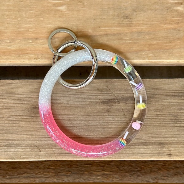 3.25" Oversized O Key Ring, Pink And White Lollipop Bracelet Keychain, Wristlet Keyring, Cute Fun Glitter Sparkly Gift For Her, Key Holder