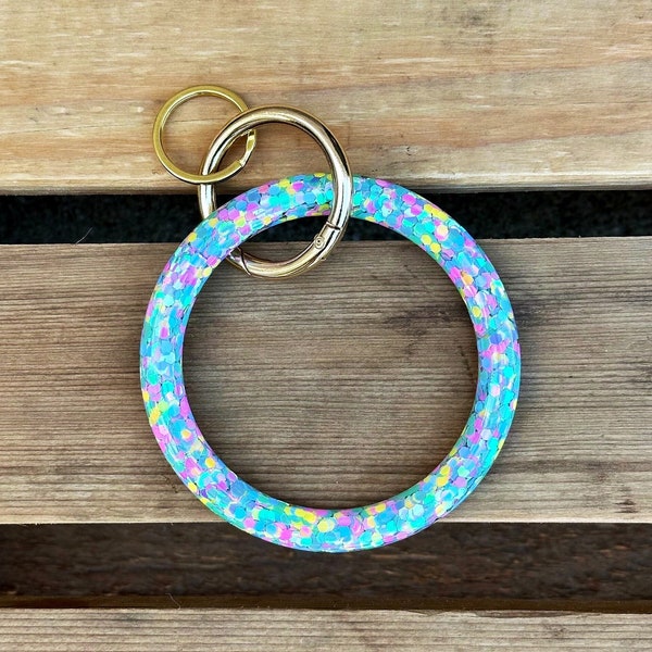 3.25" Fun Pastel Resin Bangle Keychain, Colorful Glitter Loop O Keyring, Wristlet Key Ring, New Car Gift For Her, Wrist Bracelet Accessory