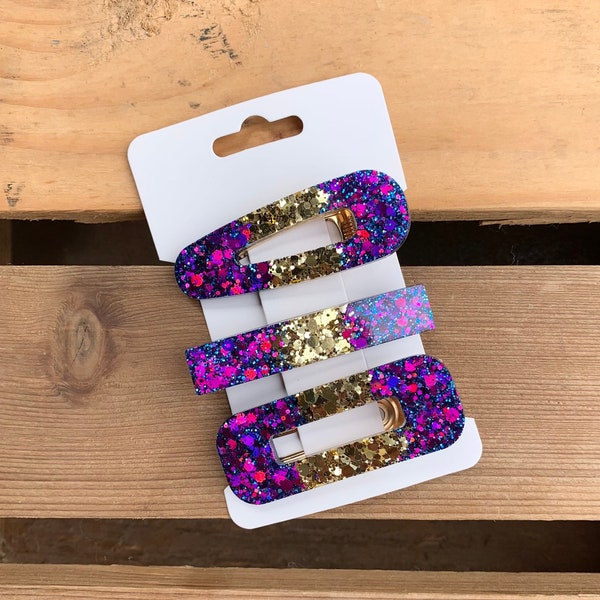 Purple and Gold Glitter Clips For Hair, Sparkle Hair Accessories For Her, Gift for Daughter, Niece, Little Girl, Mardi Gras Hair Clips