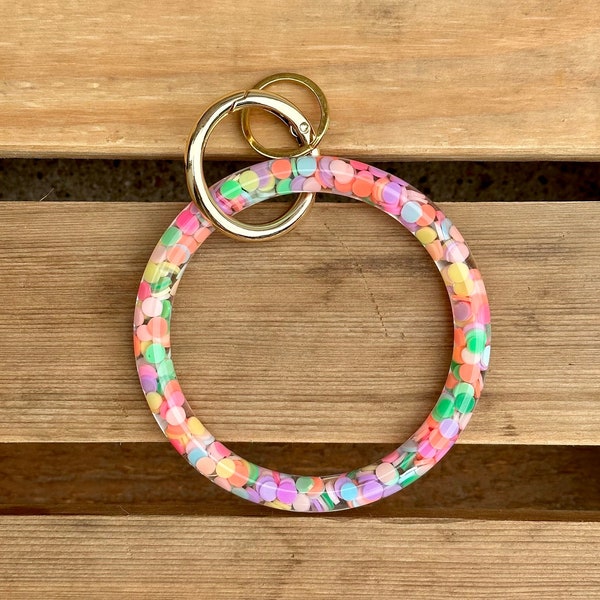 4" Bangle Keychain, Fun Colorful Confetti Resin Wristlet Keychain, Cute Loop O Keyring, Bangle Key Ring, New Car Gift Her, Bracelet Key Fob