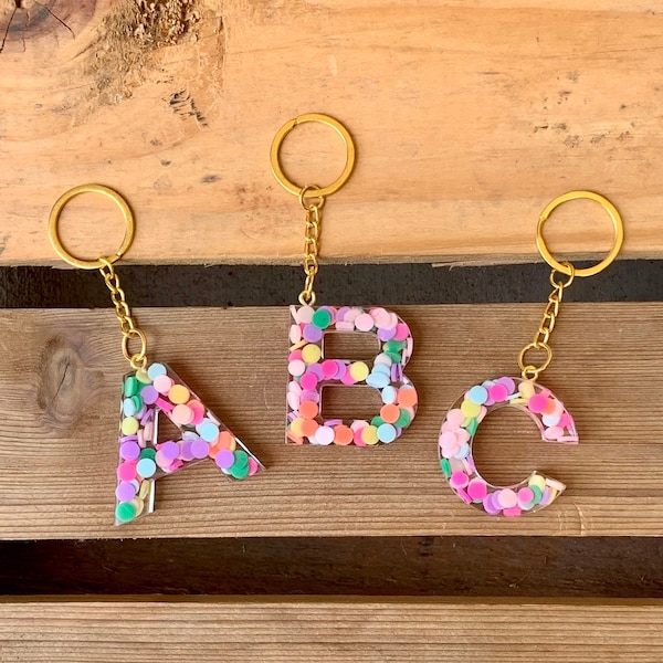 1.5" Clear Confetti Handmade Resin Letter Keychain, Initial Car Keyring Her, Bag Purse Charm Key Ring, Cute Colorful, Alphabet Tag For Girls