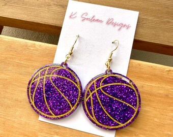 Basketball Earrings Purple and Gold, Sparkly Basketball Earrings for Game, Glittery Earrings for Basketball Games, Basketball Bling