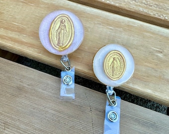Religious Badge Reel, Catholic Badge Reel, Badge Reel With Mary, Beautiful Religious Badge Holder for Nurses, Teachers, or Workers