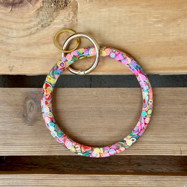 4.25" Fun Fruit Confetti Colorful Resin Wristlet Keychain, Cute Loop O Keyring,  Bangle Key Ring, New Car Gift For Her, Bracelet Key Fob