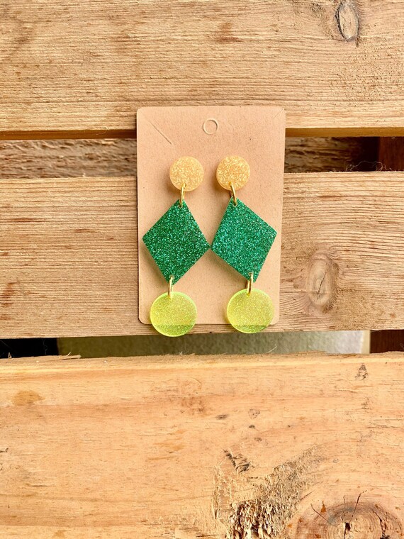 Green and Gold Earrings Big Dangle Green Glitter Dangle Earrings