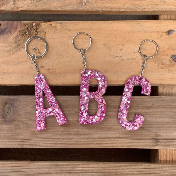 3" Resin Letter Keychain, Pink Glitter Initial Car Keyring Her, Bag Purse Charm Key Ring, Party Confetti Alphabet Tag
