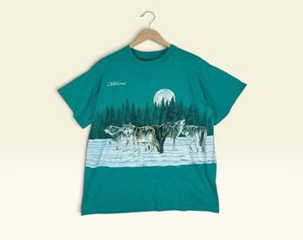 Vintage 90s Oklahama Wolf Art Tee / Habitat 91 Nature Graphic / Back Hit Print / Green – Size L