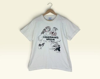 Camiseta vintage dos anos 90 "O sonho de todo pescador" / Estampa de sereia em desenho animado / Hellkitchen – Branca – Tamanho M