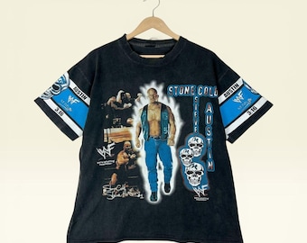 Design raro! Camiseta vintage dos anos 90 do Stone Cold Steve Austin da WWF (World Wrestling Federation), preta, tamanho G.
