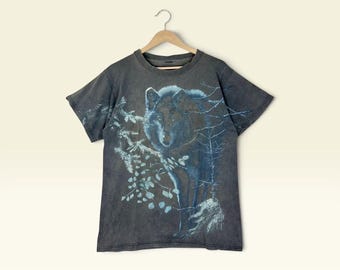 Camiseta vintage dos anos 90 com estampa de lobo/raposa, estampa sobreposta, camiseta com efeito desgastado / Tamanho M