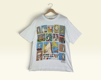 Camiseta vintage dos anos 90 com estampa de dinossauro de desenho animado do Mickey / Monaco Club – Branca – Tamanho G