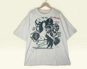 Camiseta vintage dos anos 90 da rádio 102.3 FM KJLH "Crossroads In Black Music" com George Howard, De La Soul e Raptees – Branca – Tamanho XL