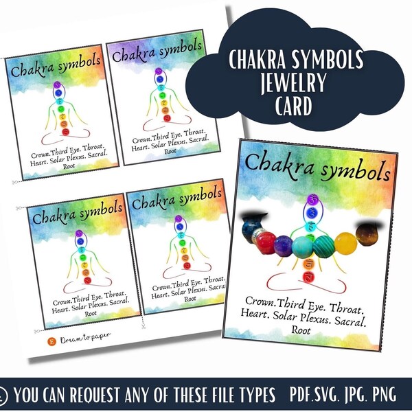 Tarjeta de exhibición de joyería chakra, joyería de yoga, descarga instantánea, chakra de la corona, tercer ojo, troath, corazón, plexo solar, sacro, raíz, venta de joyas