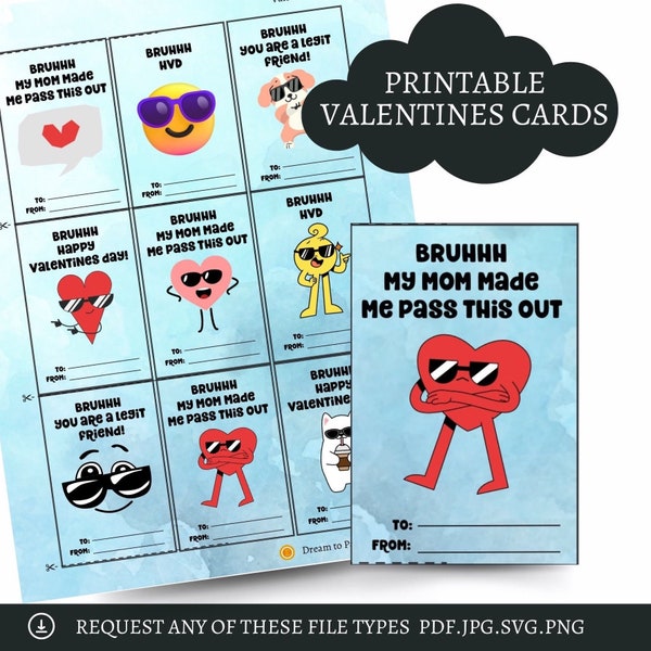 Valentines printable cards, Gen Z, kids Valentines, bruh, hearts, Bro, cool hearts, vintage style cartoon, classmates gifts, San Valentin,