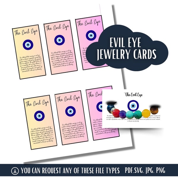 Printable Evil Eye jewelry display cards. Craft sellers instant download. Info and variety of designs, sizes included. Pre Made Cards, pdf