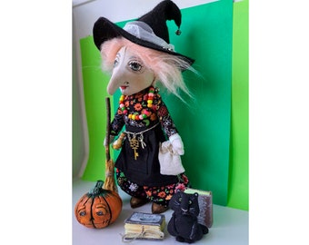 Kitchen witch doll Halloween art doll Authors doll Garden witch Kitchen witch with cat and pumpkin Kitchen witch decor Cute witch