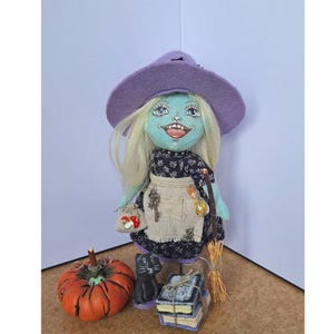 Kitchen witch art doll for Halloween or Garden  with cat and pumpkin decor