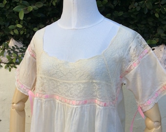 Edwardian vintage cotton nite gown trimmed with lace and pink ribbon drawstrings