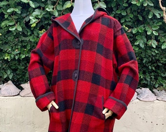 WOOLRICH M-L Red Plaid Hooded Blanket Coat, Black Suede Trim
