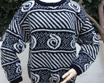 SISLEY 1980s M Patterned Wool Sweater Relaxed Fit
