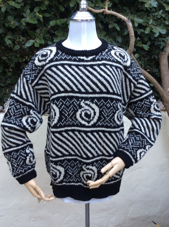 SISLEY 1980s M Patterned Wool Sweater Relaxed Fit