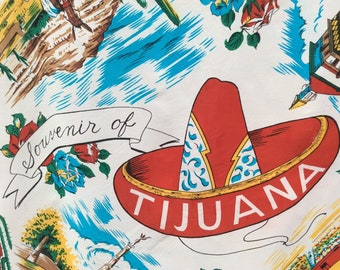 Vibrant vintage souvenir rayon scarf with scenes of Tijuana