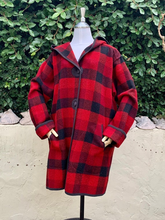 WOOLRICH M-L Red Plaid Hooded Blanket Coat, Black 