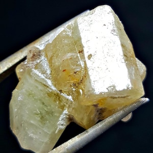 May include: A cluster of light yellow, translucent crystals with a slightly green hue. The crystals have a sharp, geometric shape and are arranged in a cluster.