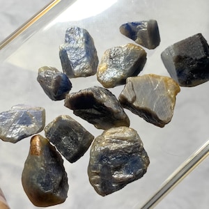 May include: A collection of eleven raw, unpolished sapphire gemstones in various shapes and sizes. The stones exhibit a mix of deep blue, translucent grey, and earthy brown tones with natural crystalline textures and irregular, jagged edges.