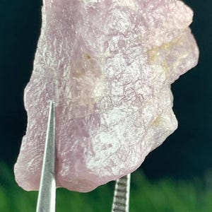 May include: A rough, uncut, light pink gemstone held by silver tweezers. The stone has a textured surface with subtle variations in color, ranging from pale pink to off-white. The background is dark, highlighting the gem's natural form.