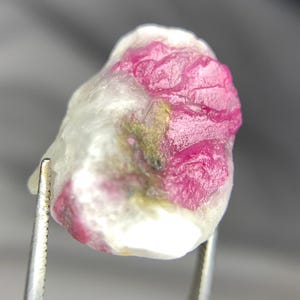 May include: A raw, uncut gemstone held by tweezers. The stone features a vibrant pinkish-red crystalline structure on one side, contrasted by a white, opaque base. Hints of green and yellow are visible where the colors meet. The gem is likely a ruby.