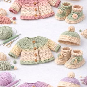 Patron d'ensemble bébé au crochet pour débutants - cardigan, bonnet, chaussons (téléchargement PDF)