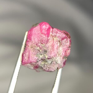 May include: A rough, uncut ruby gemstone, held by silver tweezers. The ruby is a vibrant pinkish-red color with a textured surface. The gemstone is irregularly shaped, showcasing its natural, unpolished state. The background is a soft, blurred gray.
