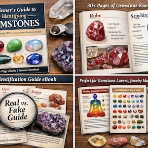 Puede incluir: Una colección de materiales educativos sobre gemas. La imagen incluye un libro titulado "Beginner's Guide to Identifying Gemstones" y una "Real vs. Fake Guide" con una lupa. Otros materiales incluyen páginas con información e ilustraciones de gemas.