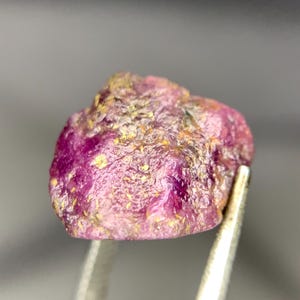 May include: A rough, uncut ruby gemstone, held by tweezers. The ruby is a deep pinkish-red color with a textured surface and flecks of gold. The background is a blurred gray.