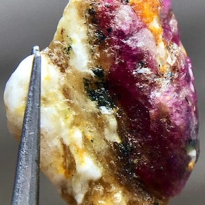 May include: A close-up of a rough ruby gemstone held by tweezers. The ruby has a deep red hue with areas of white, yellow, and black. The gemstone's surface is textured and irregular, showcasing its natural form.